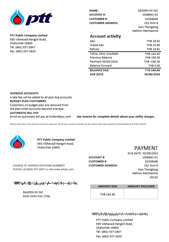 Thailand PTT gas business utility bill template in Word and PDF formats